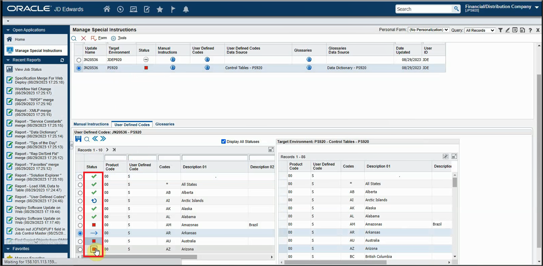 Manage Special Instructions Form - User-Defined Codes Tab