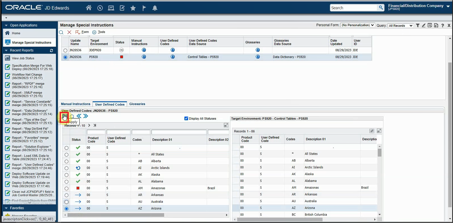Manage Special Instructions Form - User-Defined Codes Tab (Apply to Selected Target Environment)