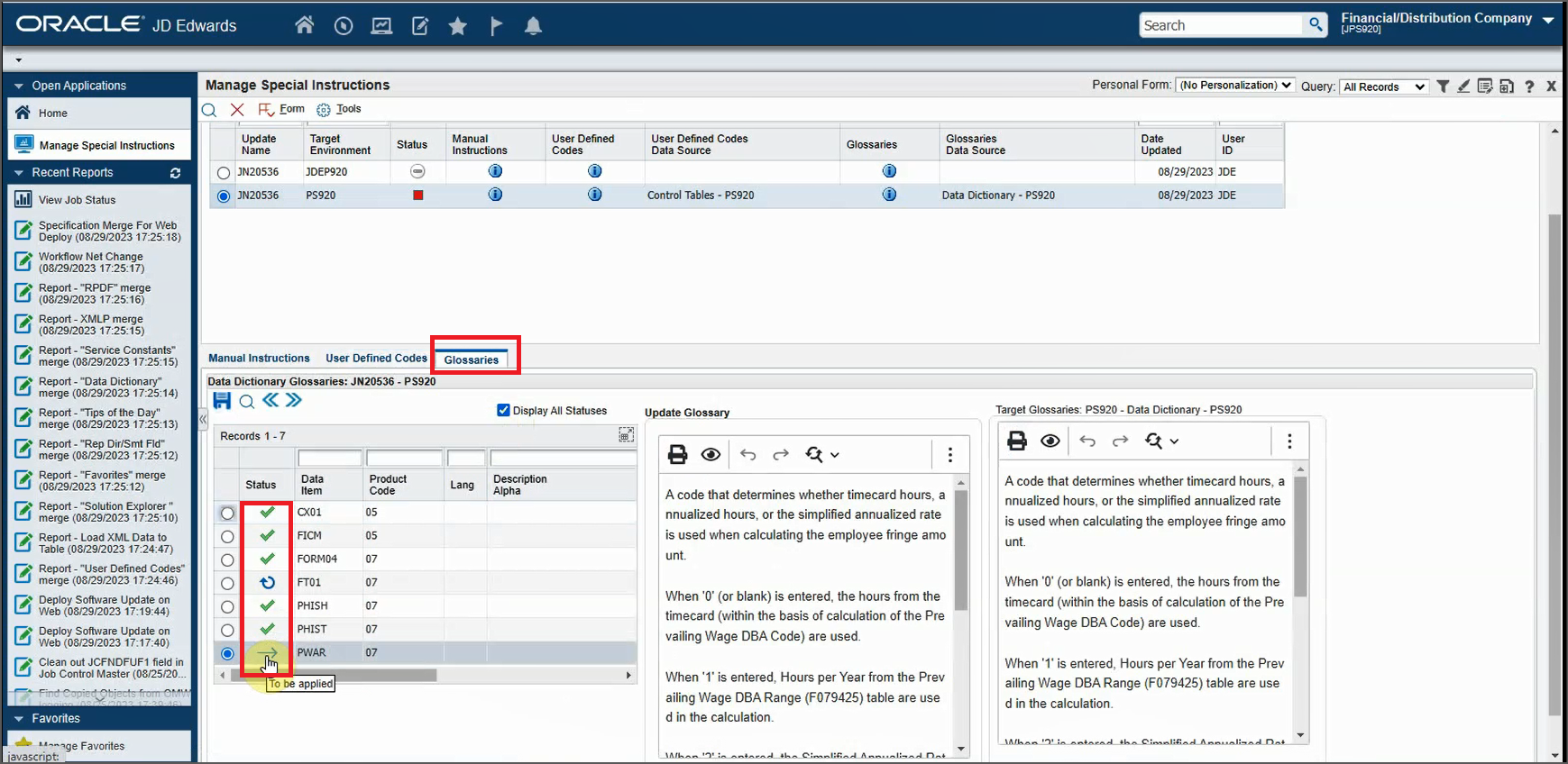 Manage Special Instructions Form - Glossaries Tab