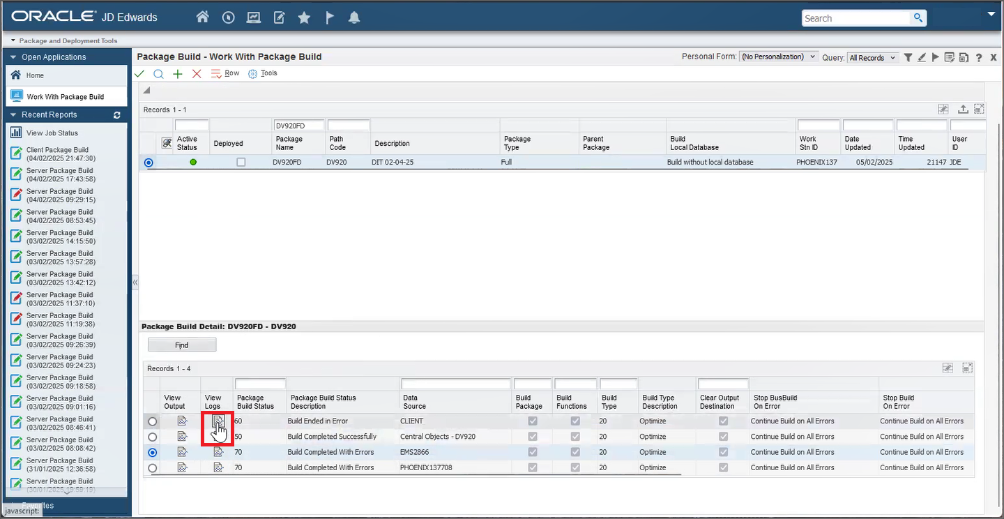 Work With Package Build - Package Build Detail Section