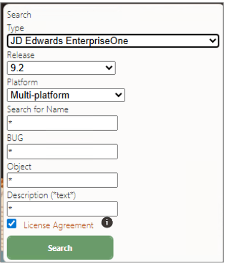 Search criteria on the Oracle JD Edwards Update Center