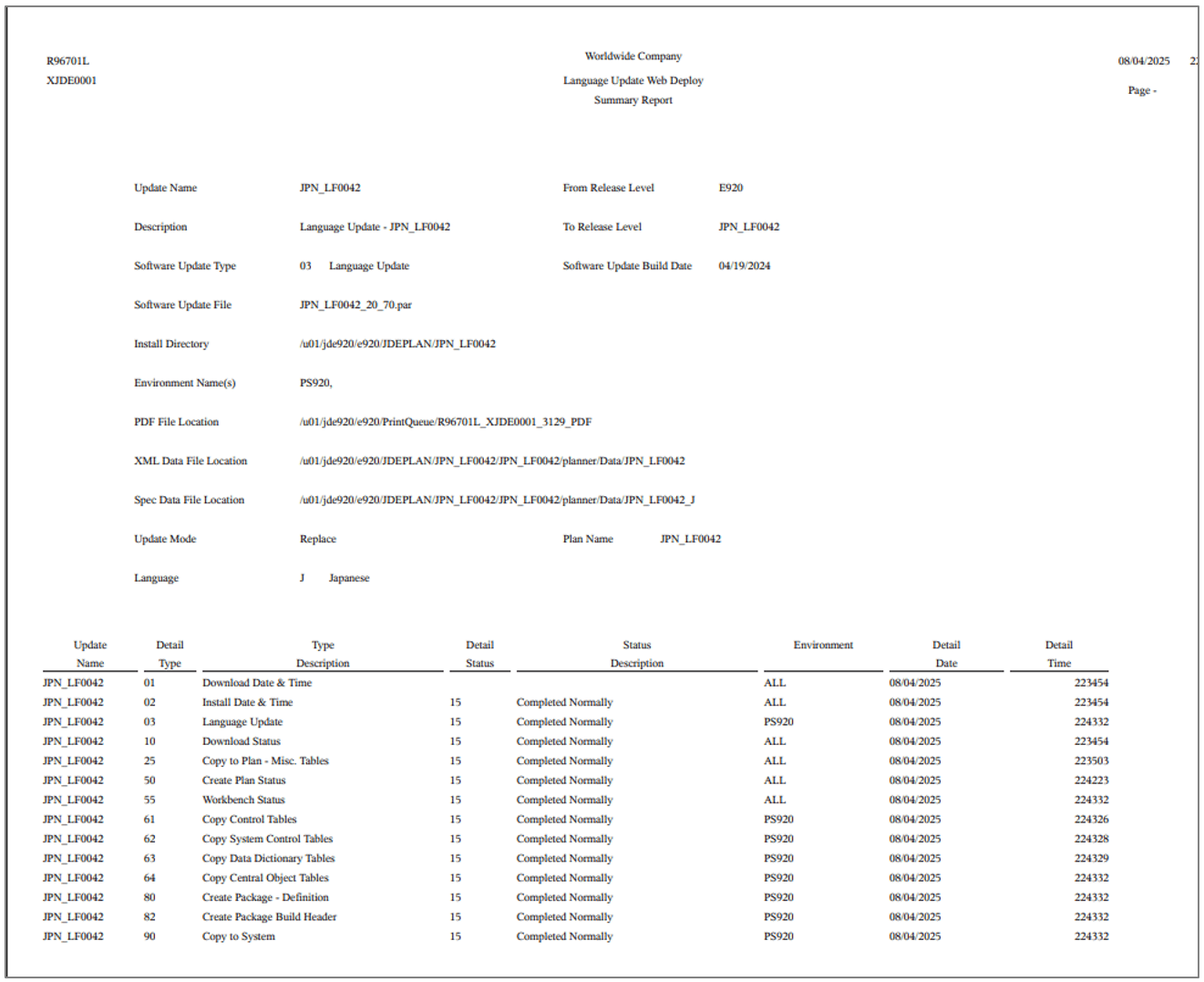 Language Update Web Deploy Summary Report