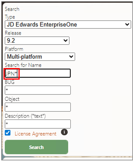 Search criteria on the Oracle JD Edwards Update Center