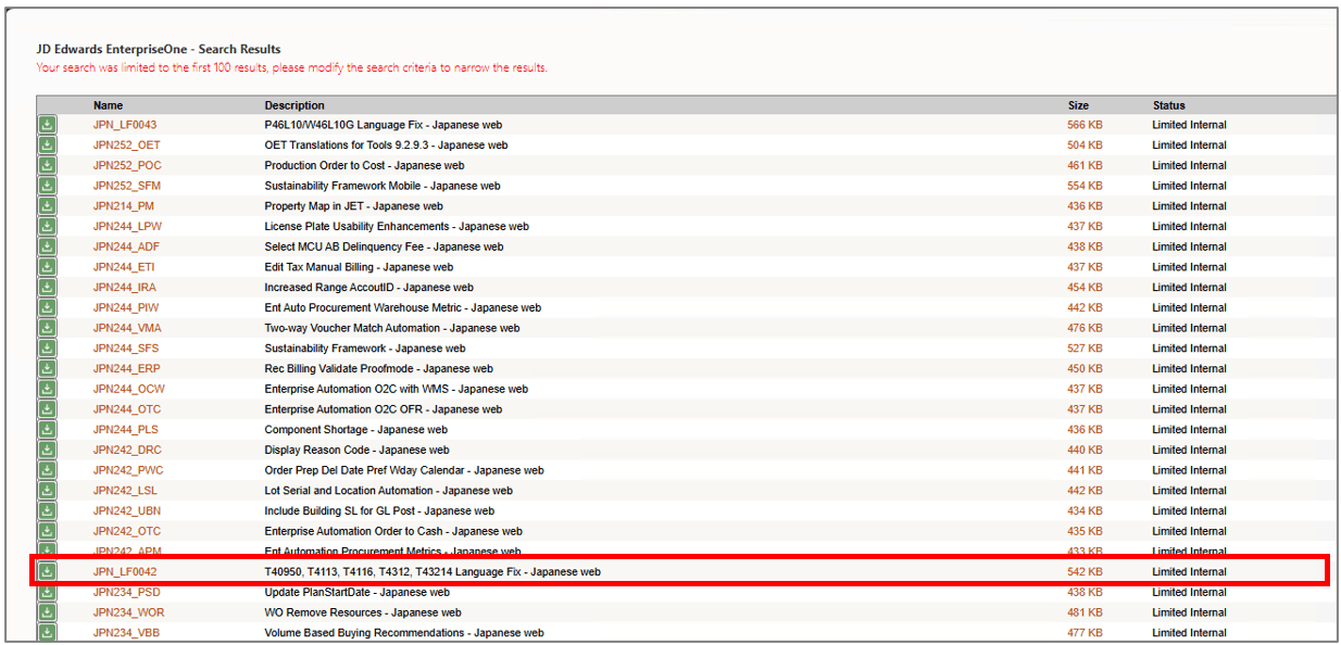 Search Results on the Oracle JD Edwards Update Center