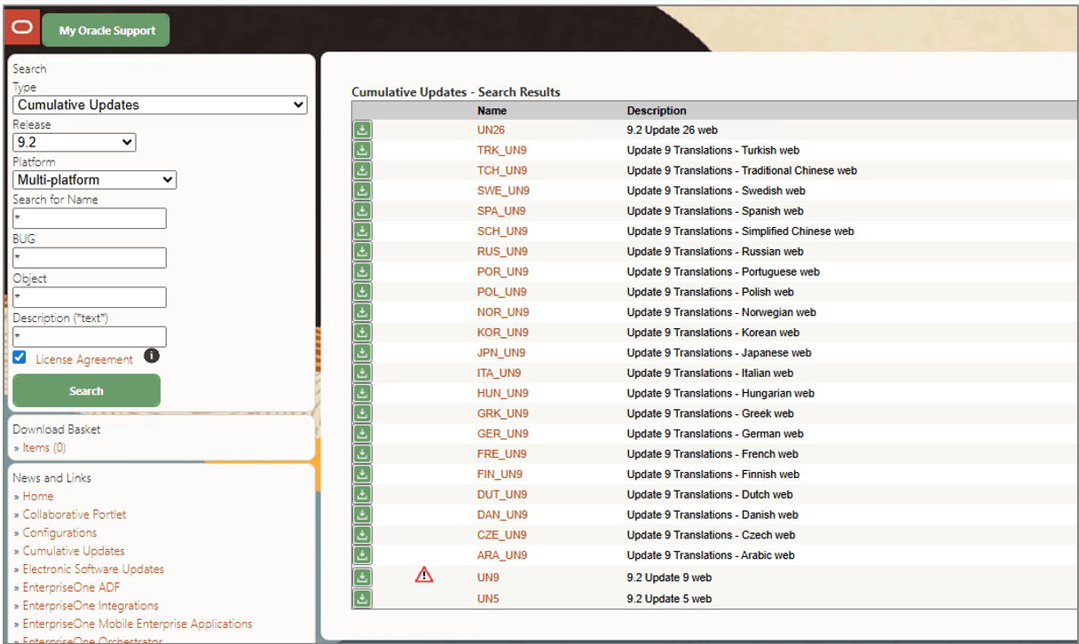 Search Results on the Oracle JD Edwards Update Center