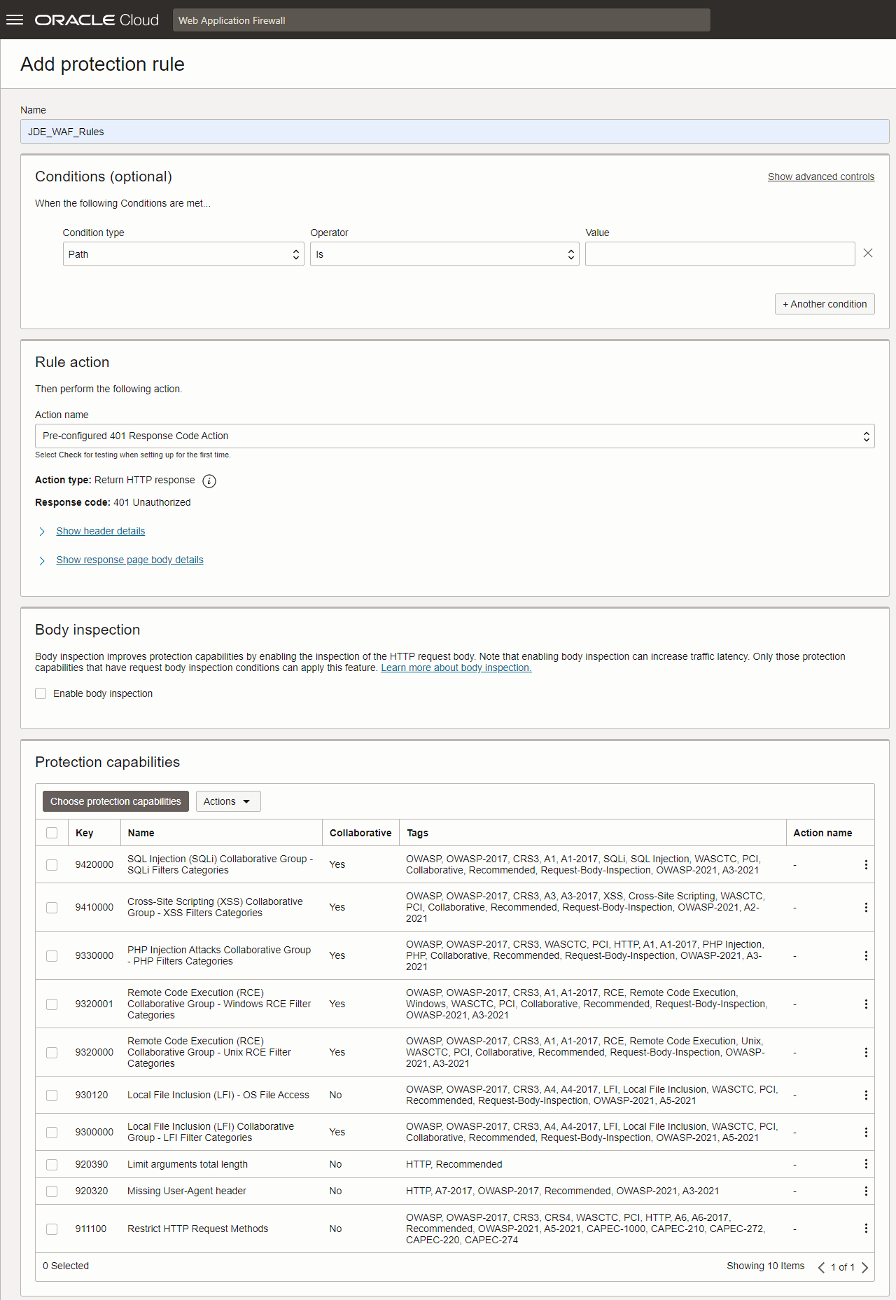 Create WAF Policy - Add Protection Rule