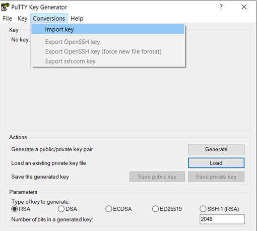 Putty - Conversions > Import Key