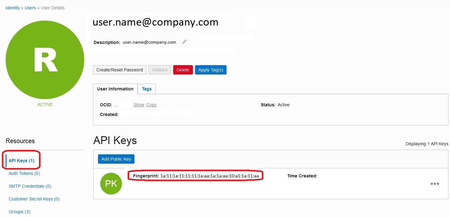 Navigation Menu—Identity > Users > User Details > API Keys > Fingerprint