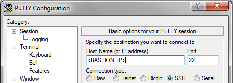 PuTTY Configuration - IP Address for Bastion Host