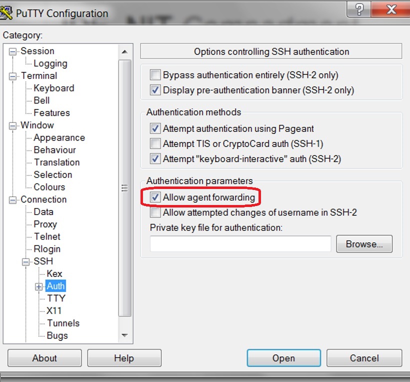 PuTTY Configuration Auth Category–Allow agent forwarding