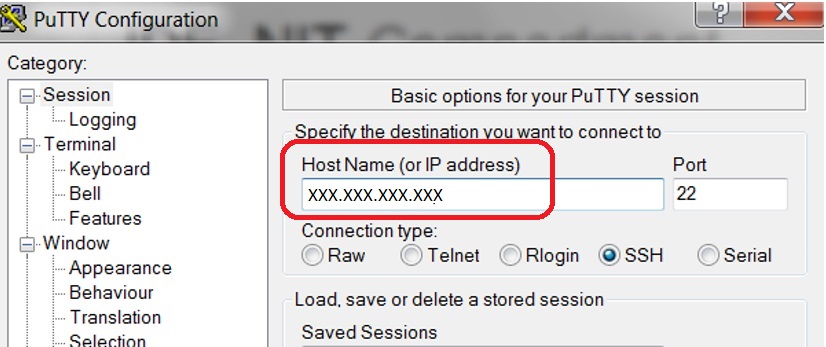 PuTTY Configuration–IP Address for Bastion Host