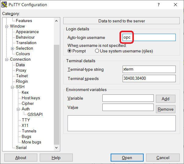 PuTTY - Connection > Data > Login Details > Auto-login username