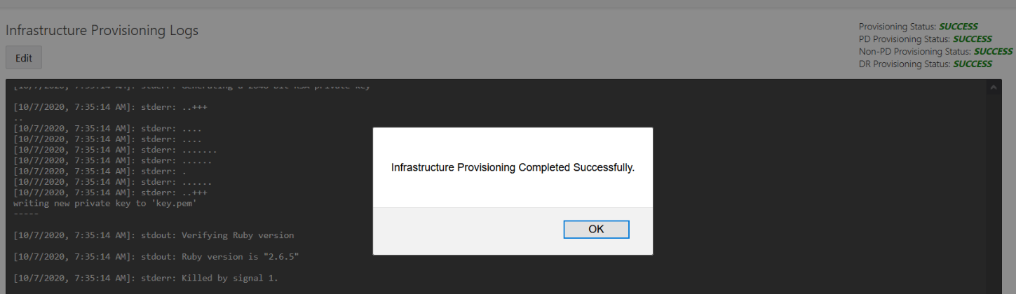 Infrastructure Provisioning Successful Window