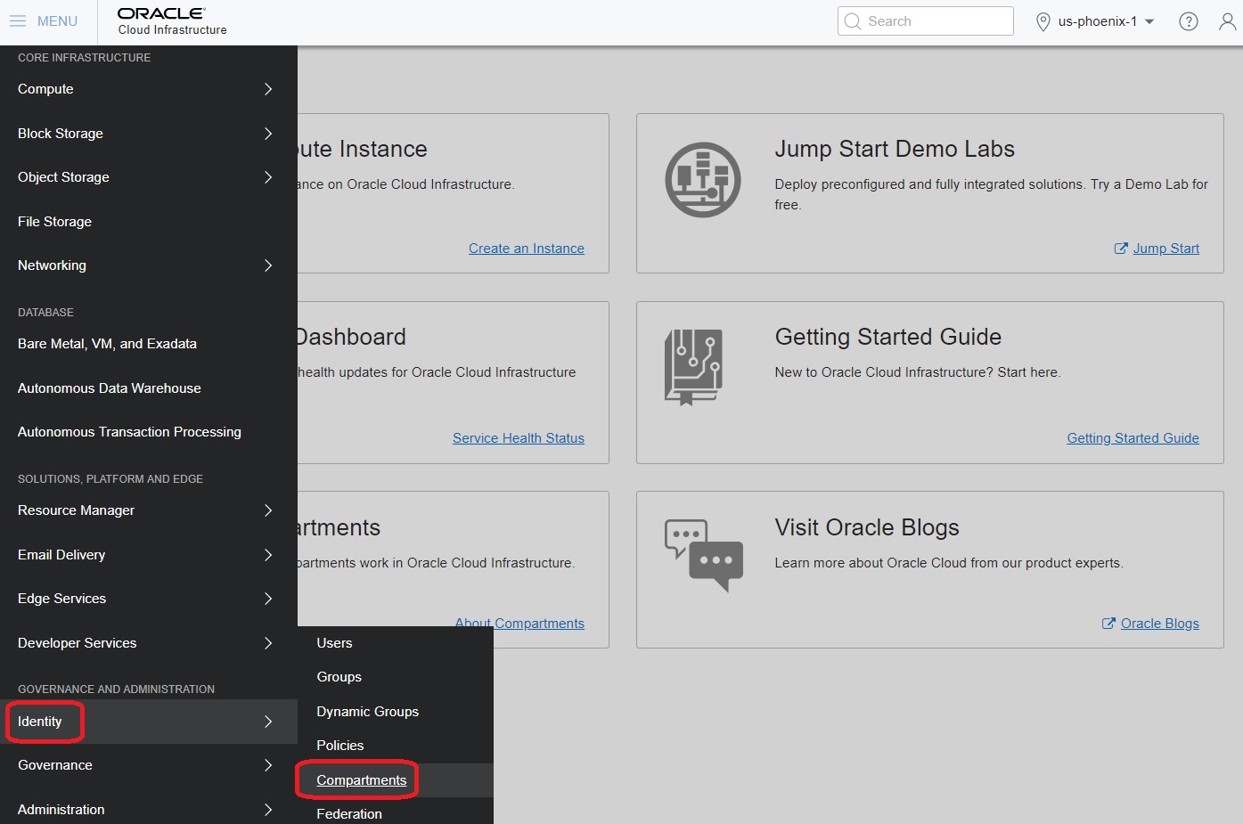 Navigation Menu—Identity > Compartments