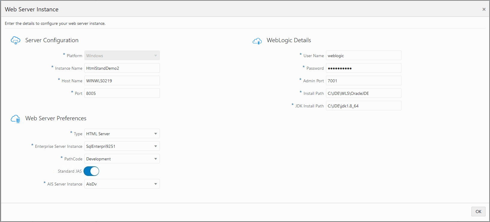 This image shows the Web server Instance page to create a new HTML Server instance in the Advanced mode.
