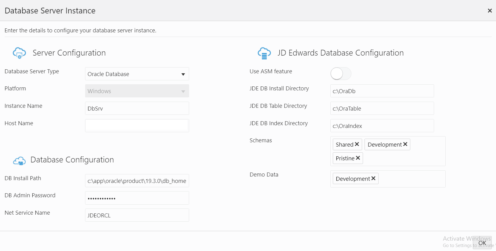 This image shows the JD Edwards Database Service Instance Details page. This page shows the example values to create and configure the Database server instance.