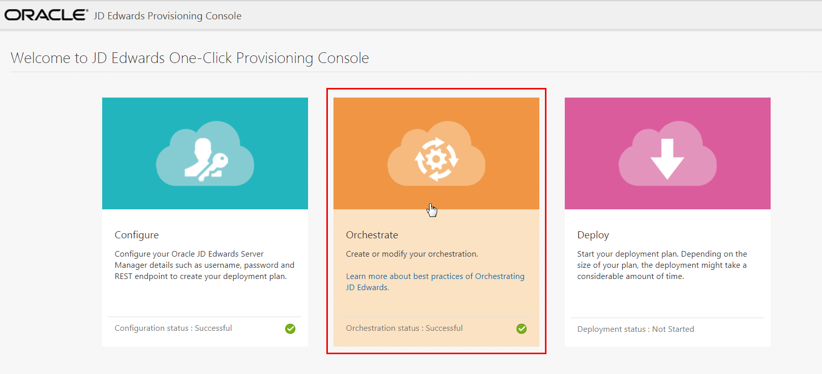 This image shows the Orchestrate tile in the JD Edwards Provisioning Console.