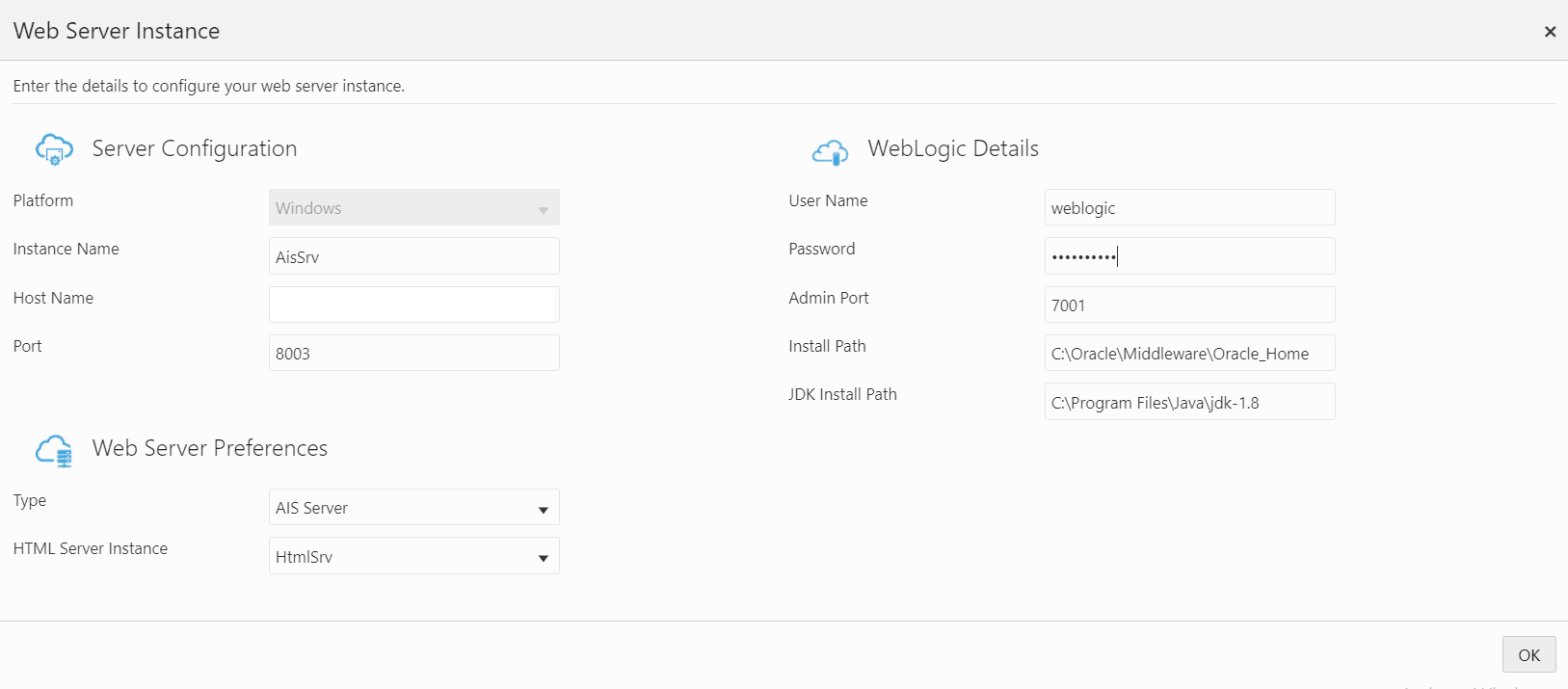 This image shows the JD Edwards AIS Server page. This page shows the example values to configure the AIS server instance.
