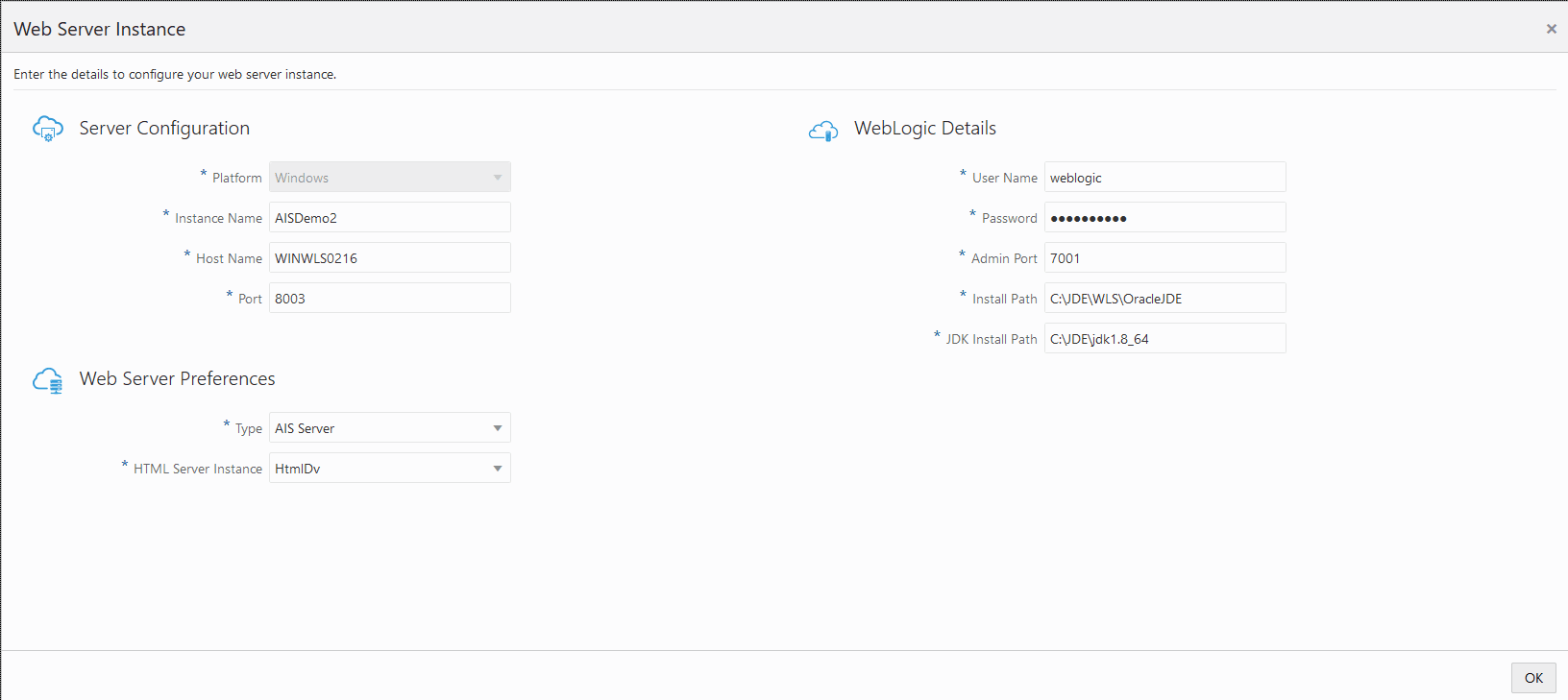 Web Server Instance Details - AIS Server