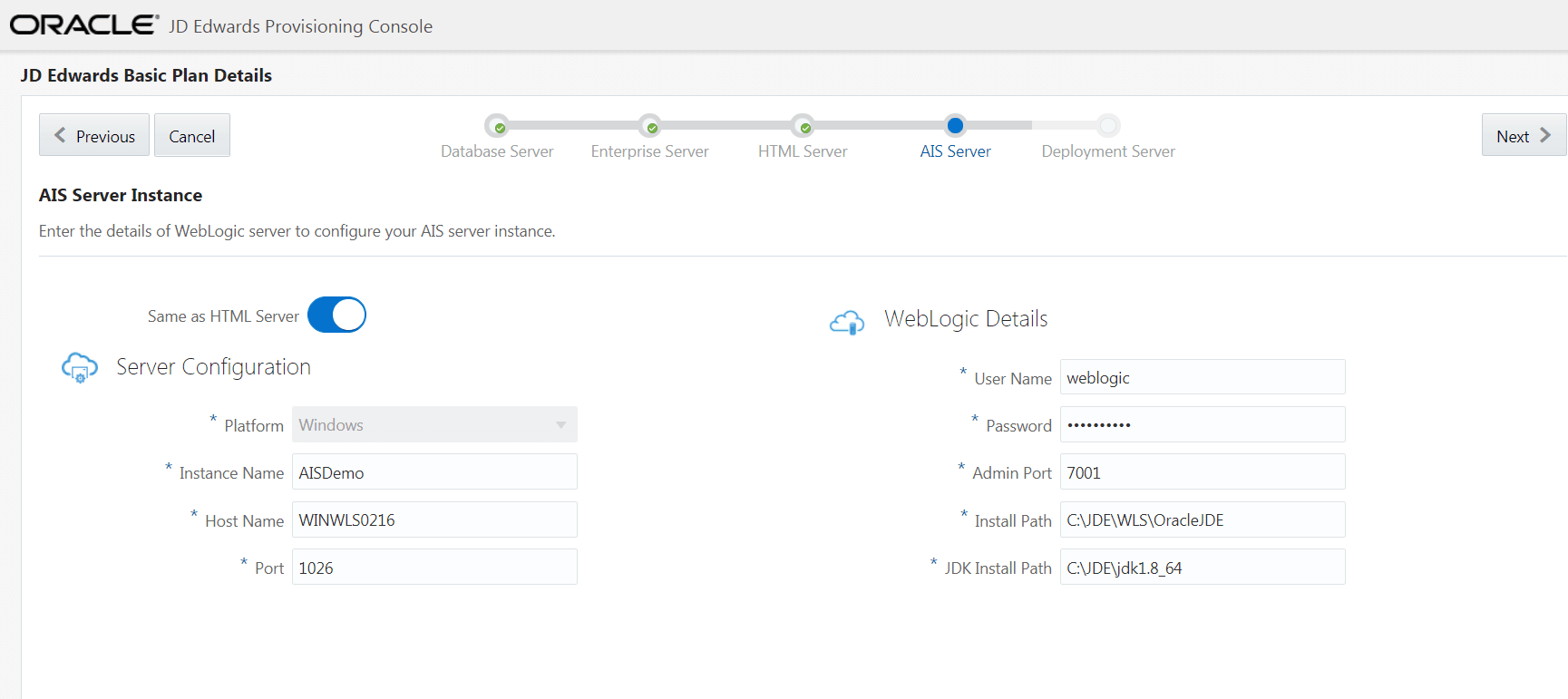 Web Server Instance Details - AIS Server