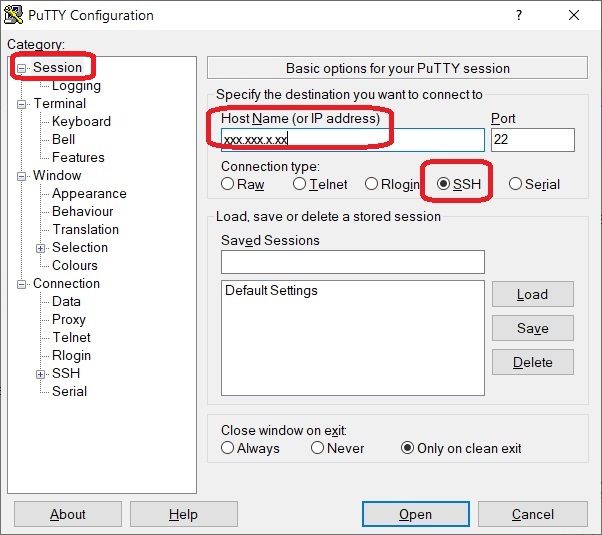 Putty - Host Name and SSH