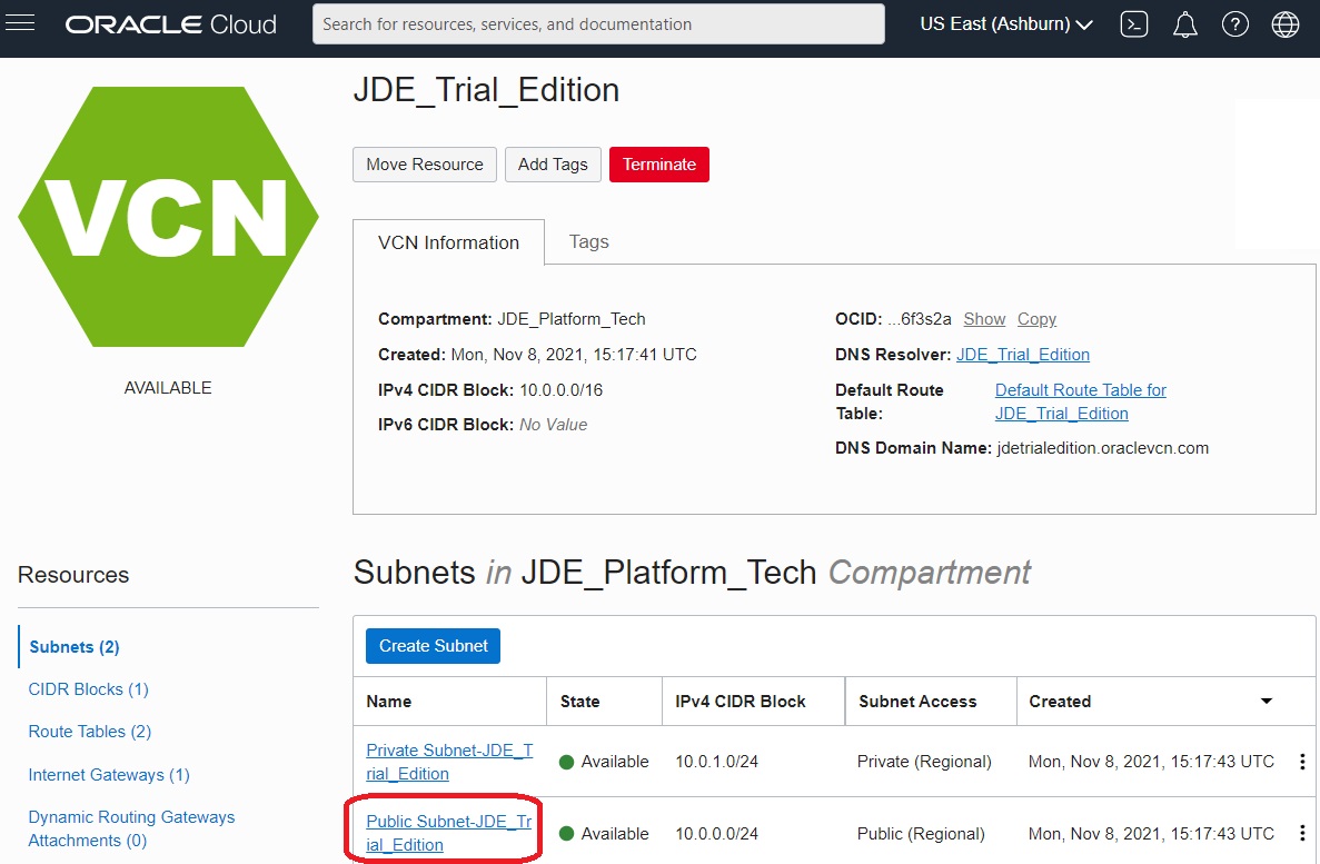 VCN Details - Public Subnet
