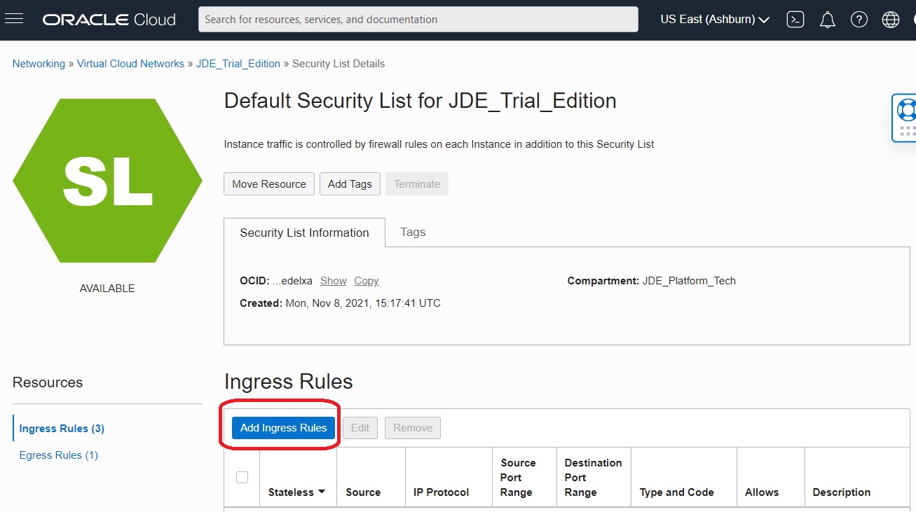 VCN Details - Security Lists - Add Ingress Rules