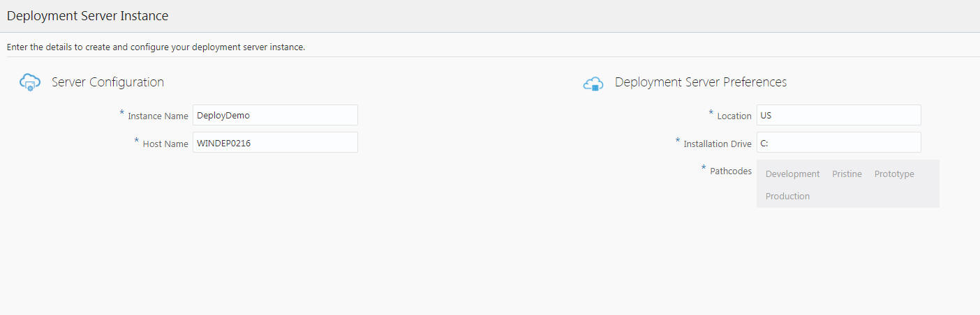 This image shows the JD Edwards Deployment Server page. It shows the example values to create and configure the Deployment Server instance.