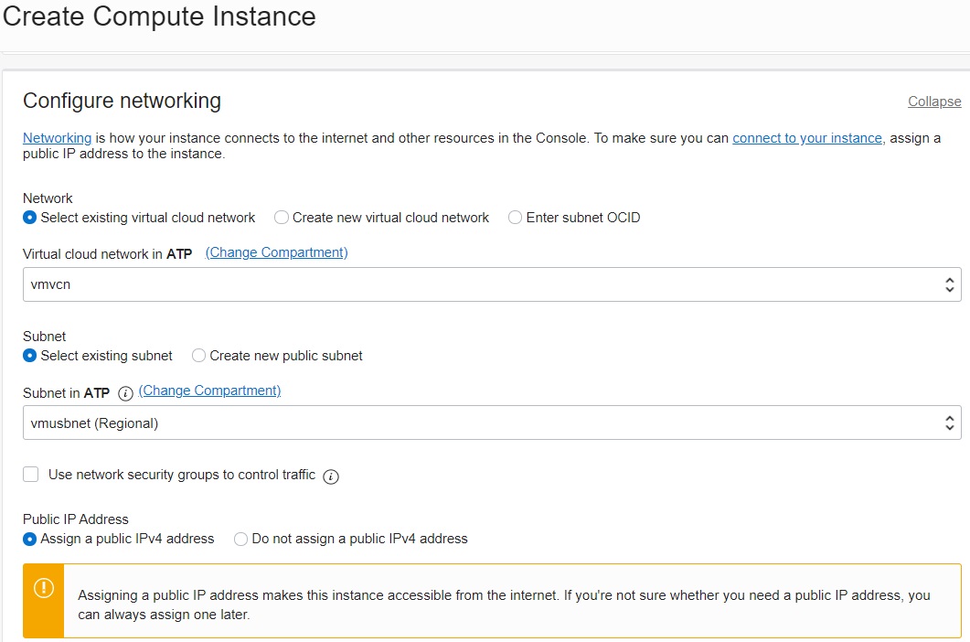 This image shows the Oracle Cloud Infrastructure Console with the Configure Networking section completed.