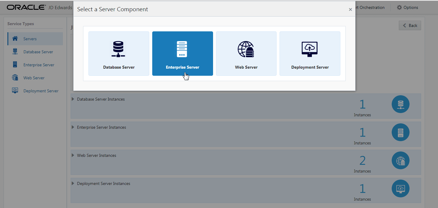 This image shows the Select a Component window. The Enterprise Server icon is highlighted.