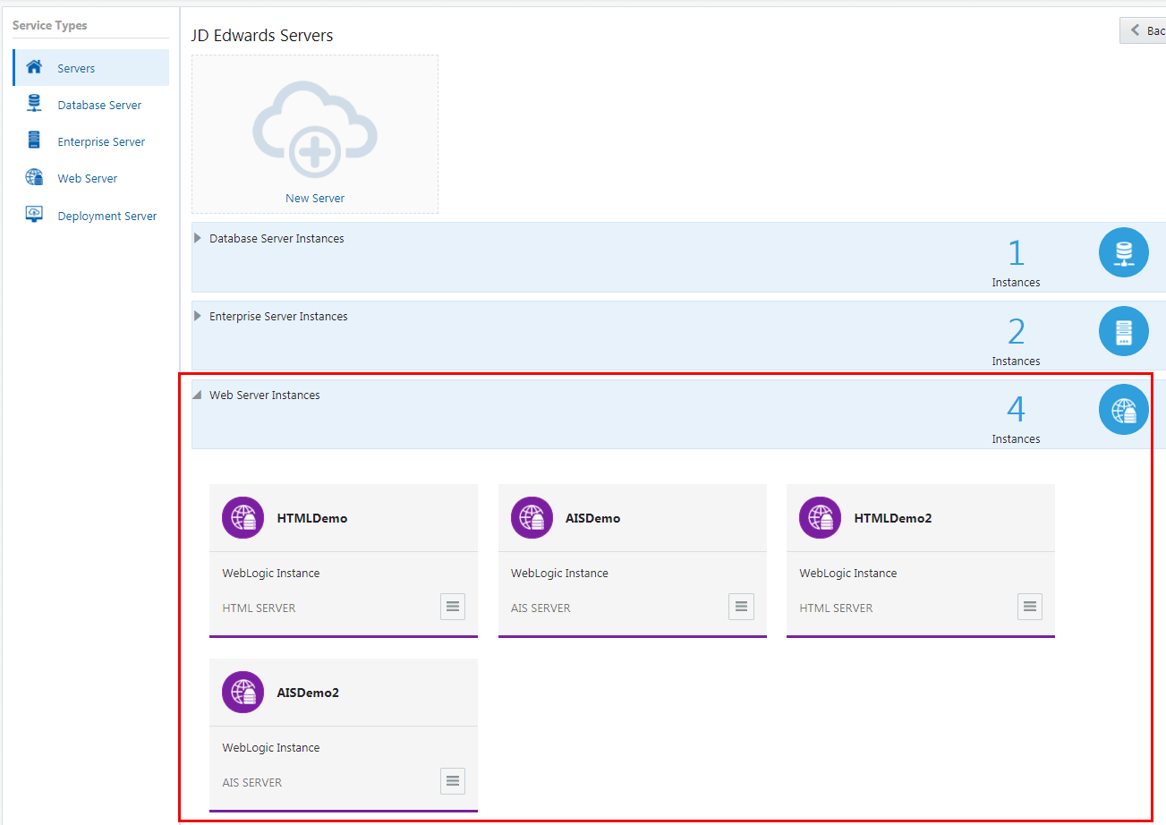 This image shows the webservers displayed on the JD Edwards Summary page.