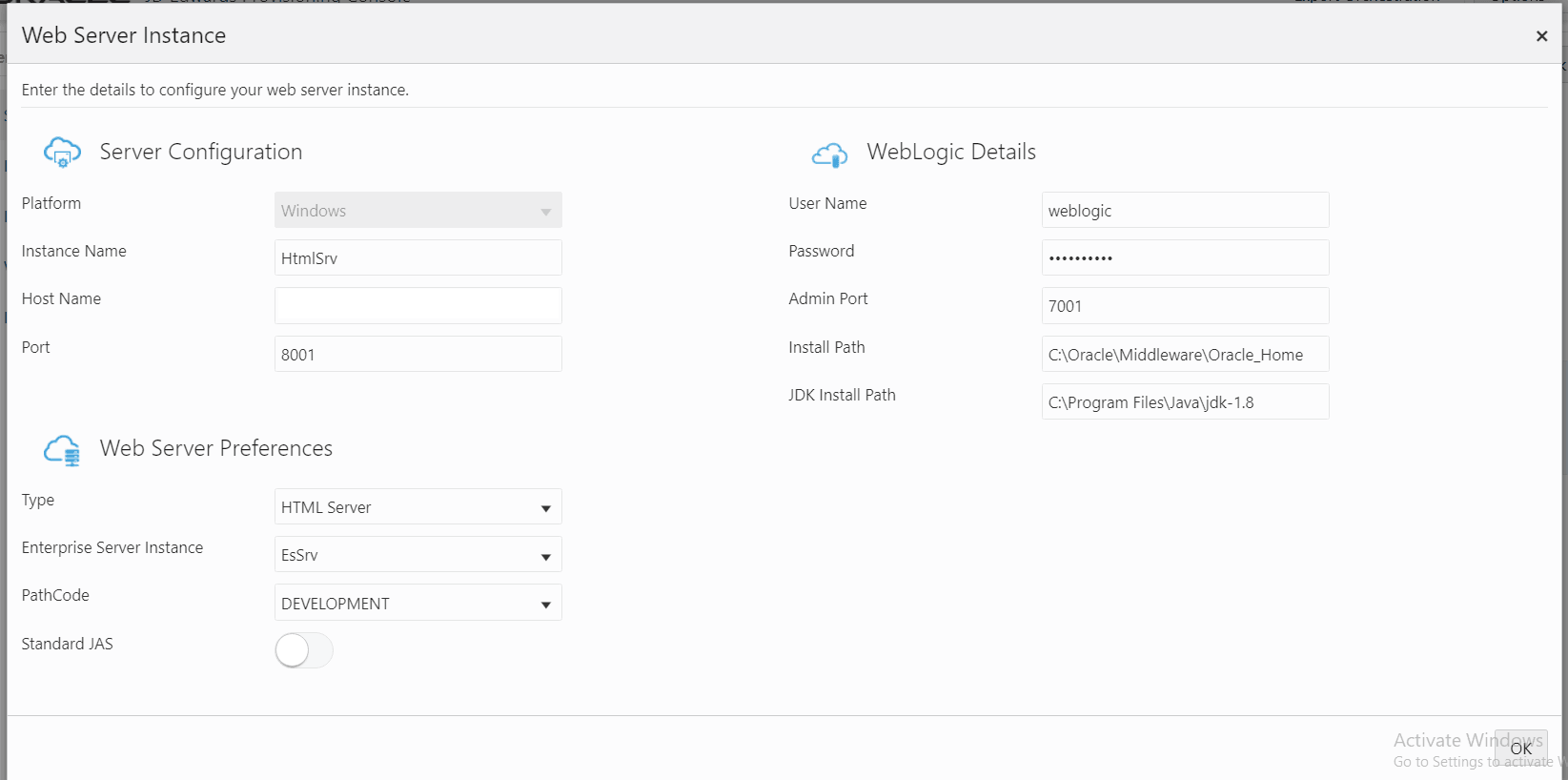 This image shows the Web server Instance page to create a new HTML Server instance in the Advanced mode.