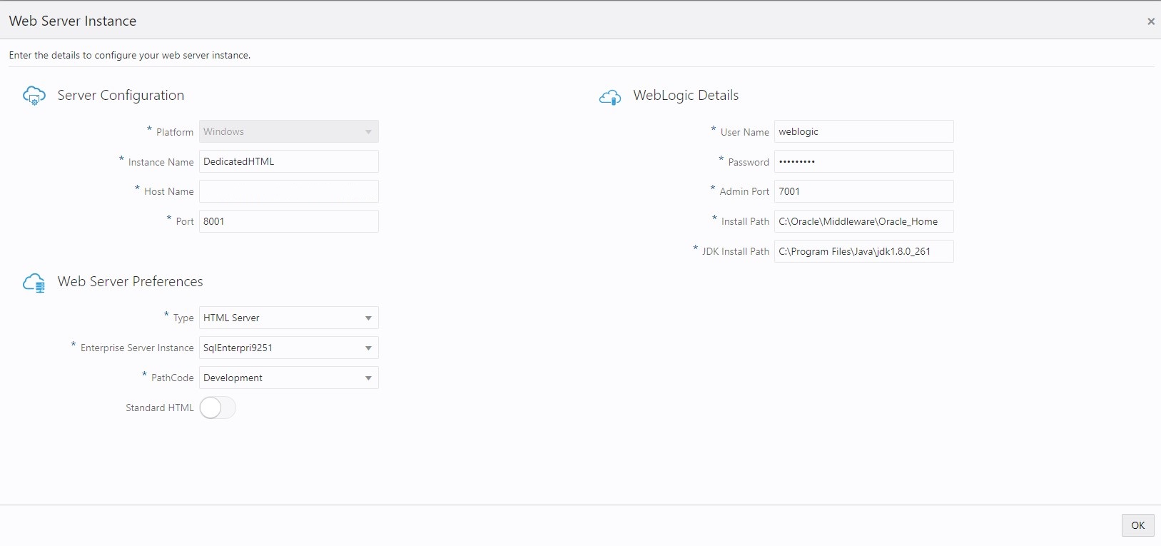 This page shows the JD Edwards Web Server page. It shows the example values to create and configure the Web server instance.