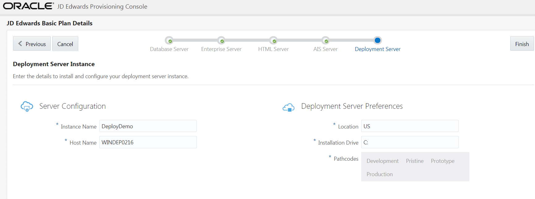 This image shows the JD Edwards Deployment Server page. It shows the example values to create and configure the Deployment Server instance.