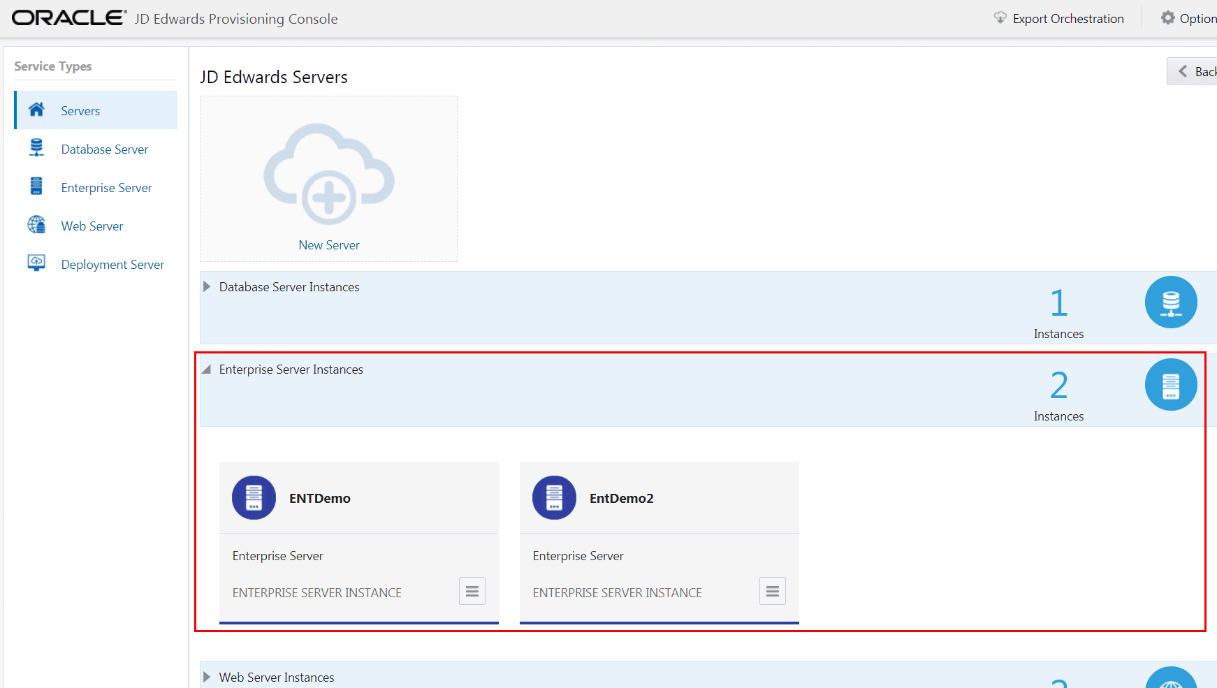 This image shows the newly created Enterprise Server instance on JD Edwards Servers window.