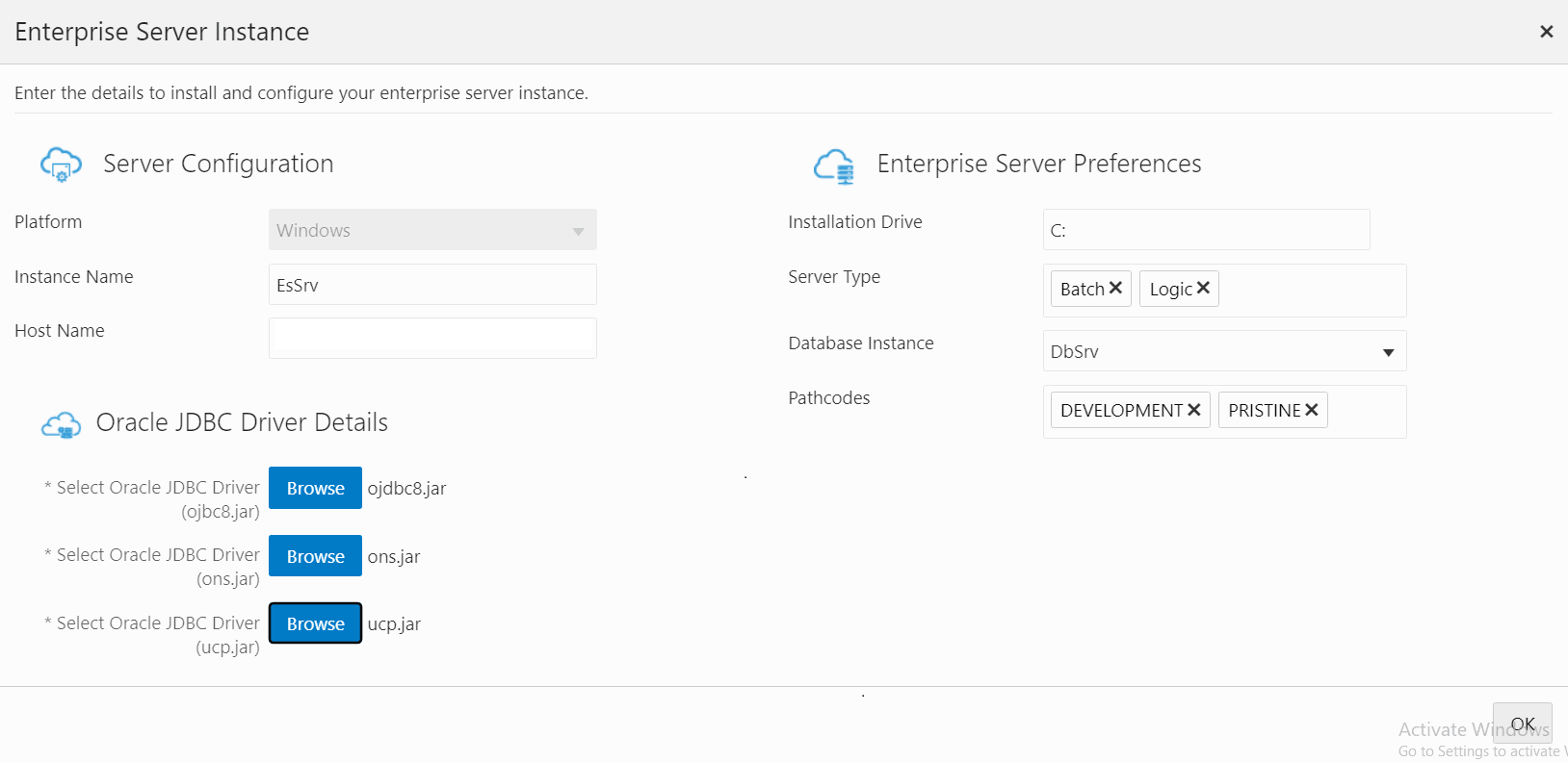 This image shows the JD Edwards Enterprise Server page. It shows the example values to create and configure the Enterprise server instance.