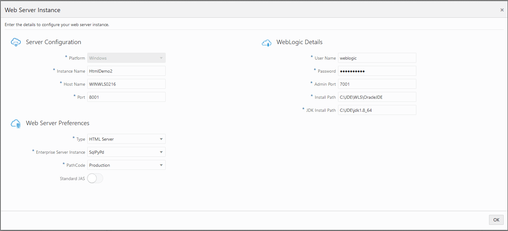 Web Server Instance Details - Dedicated HTML Server for AIS
