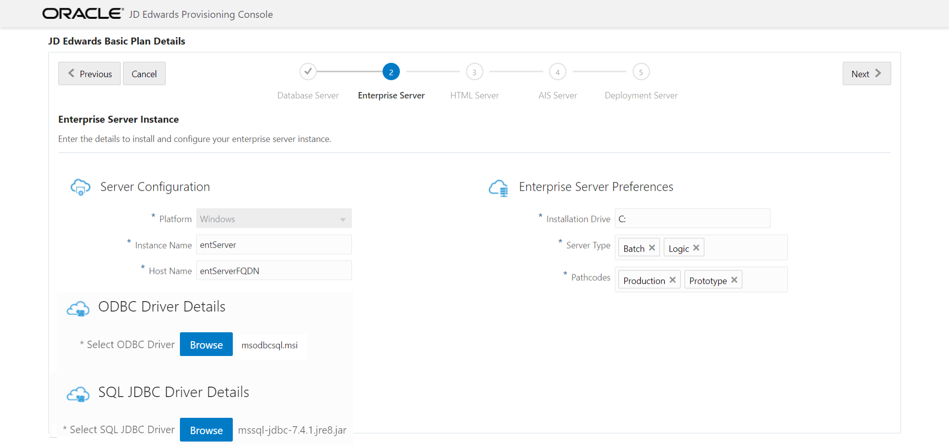 JD Edwards Enterprise Server Details - Windows with SQL Server