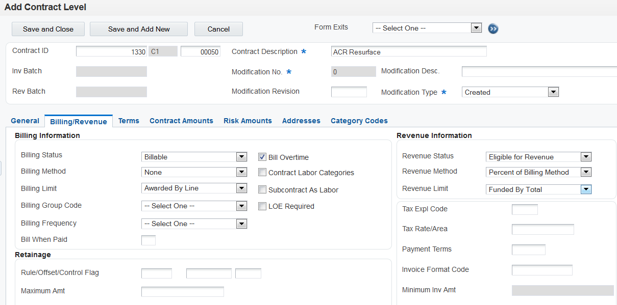 Add New Invoice Level form: Terms tab