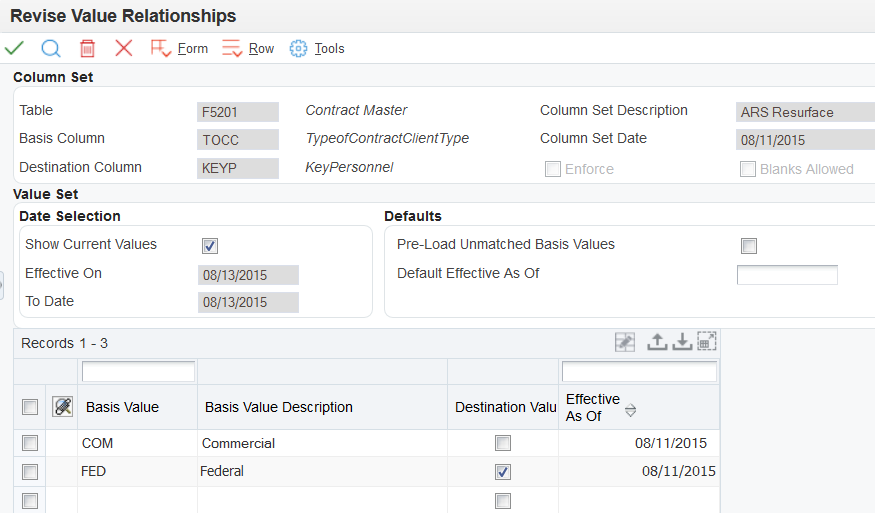 Revise Value Relationships form: Example 2