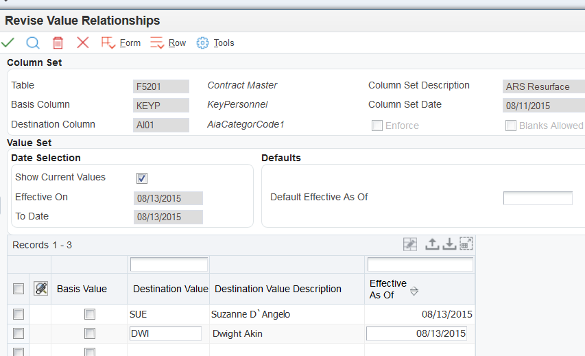 Revise Value Relationships form: Example 2