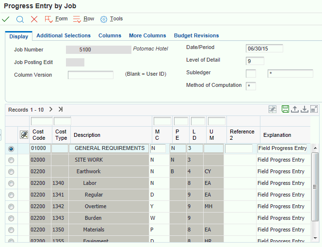 Progress Entry by Job form