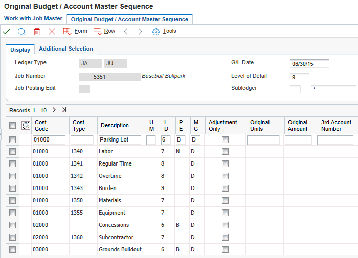 Original Budget/Account Master Sequence form