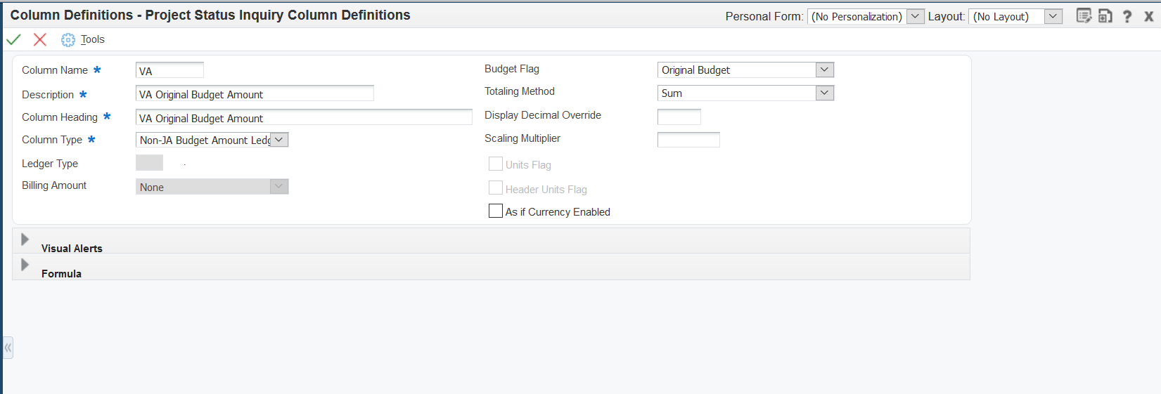 Project Status Inquiry Column Definition form: Non-JA Budget Amount Ledgers