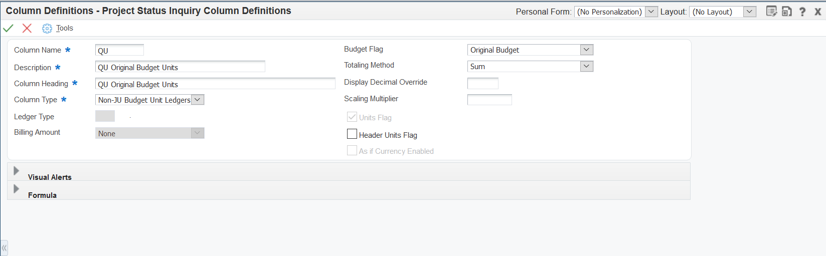 Project Status Inquiry Column Definitions form: Non-JU Budget Unit Ledgers