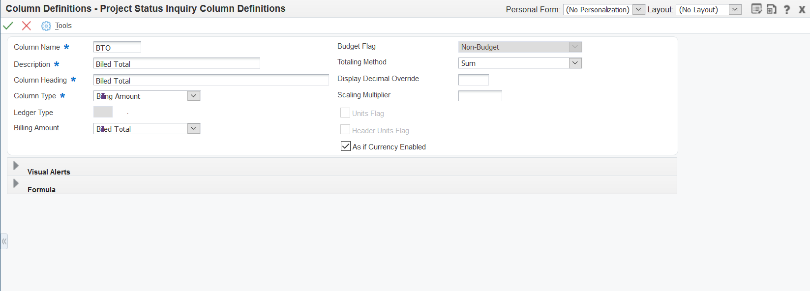 Project Status Inquiry Column Definitions form: Billing Amounts