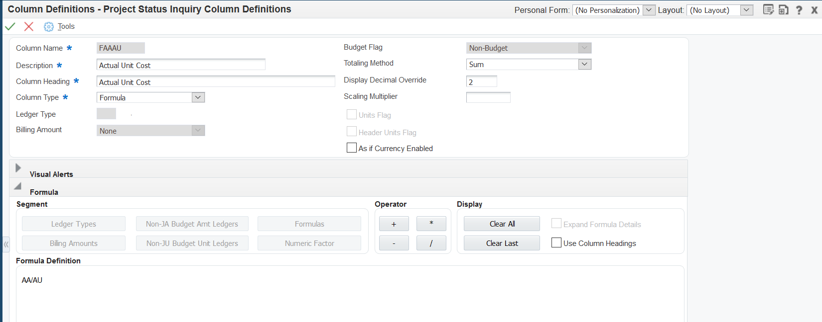 Project Status Inquiry Column Definitions form: Formula