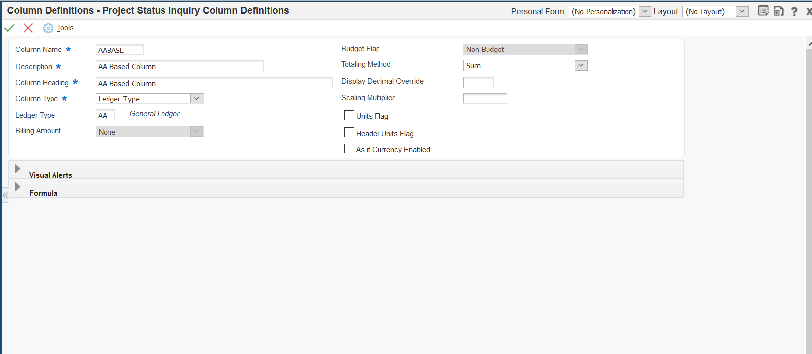 Project Status Inquiry Column Definitions form: Ledger Type