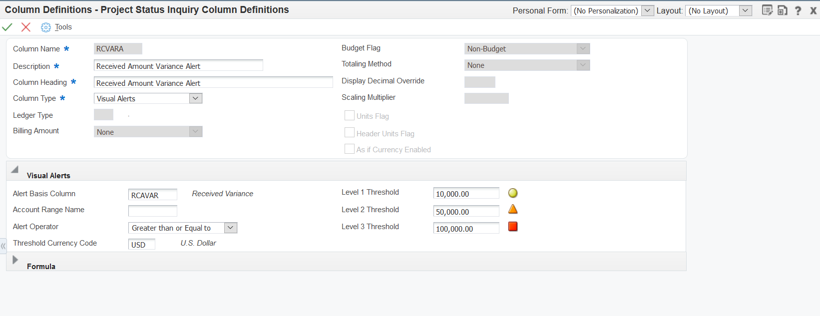 Project Status Inquiry Column Definitions form: Visual Alerts