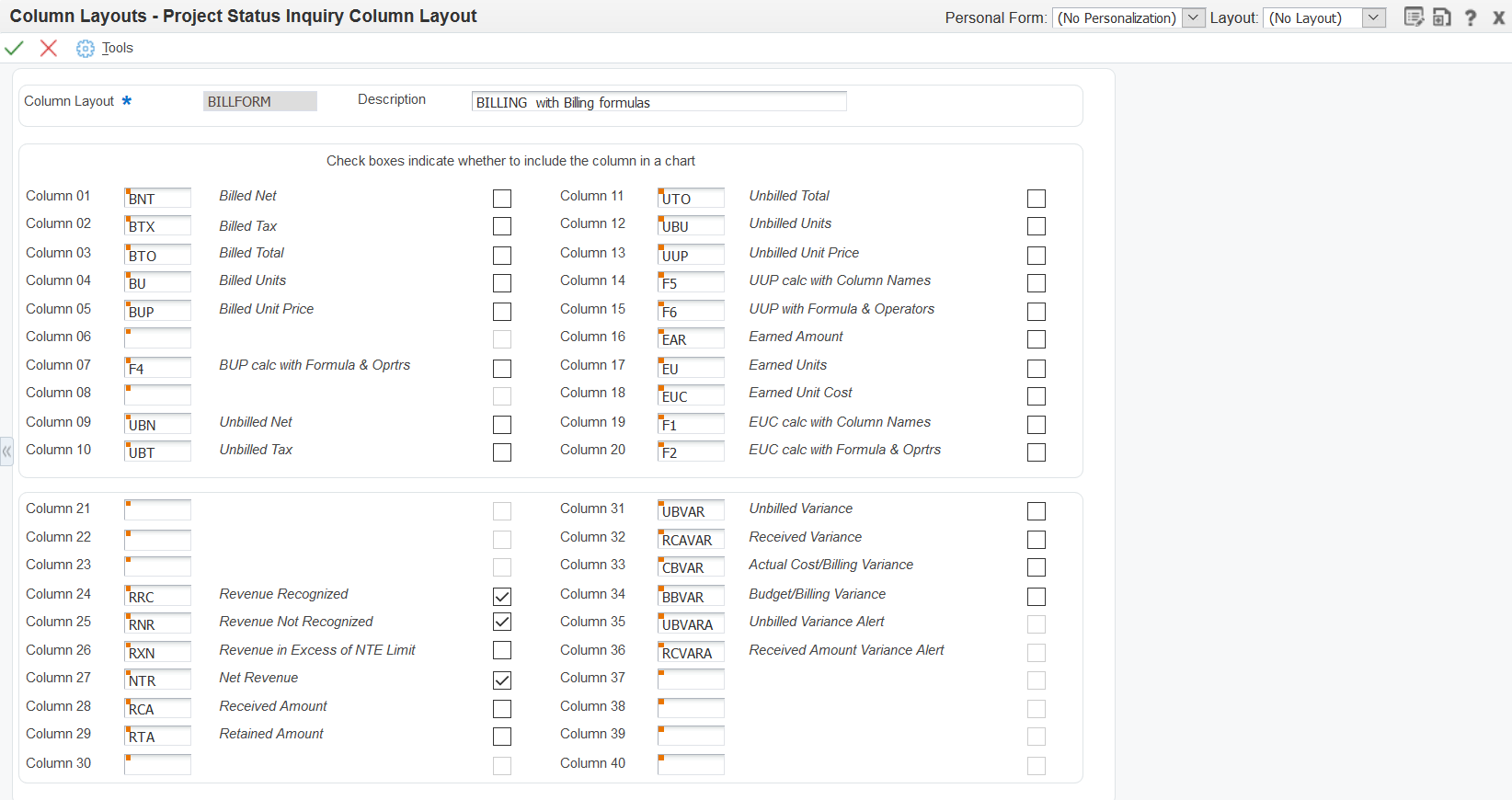 Project Status Inquiry Column Layout form